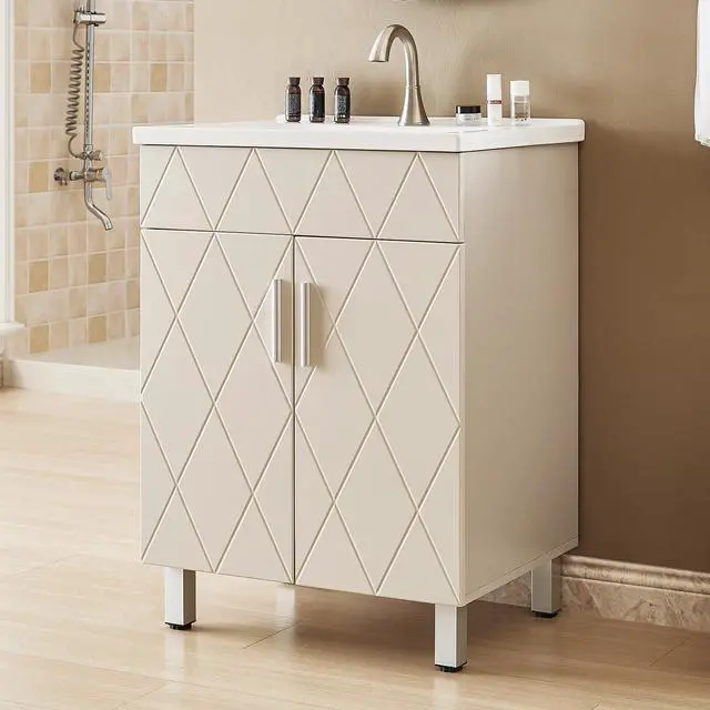 Main image of Bathroom Vanity with Sink 24 Inch, Modern Bathroom Cabinet with Diamond Pattern Doors, Ceramic Sink, Metal Legs, Small Bathroom Storage Vanity(Light Gray)