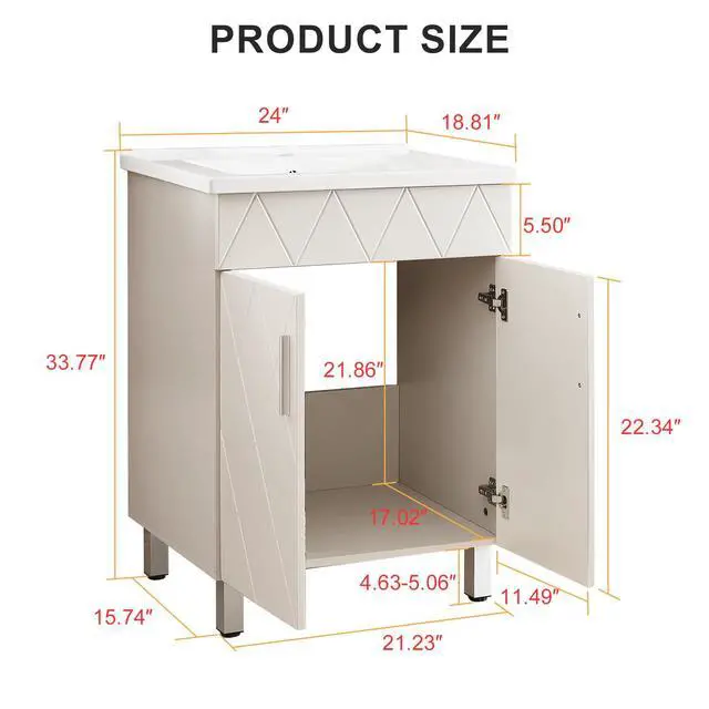 Alt view image 2 of 6 - Bathroom Vanity with Sink 24 Inch, Modern Bathroom Cabinet with Diamond Pattern Doors, Ceramic Sink, Metal Legs, Small Bathroom Storage Vanity(Light Gray)