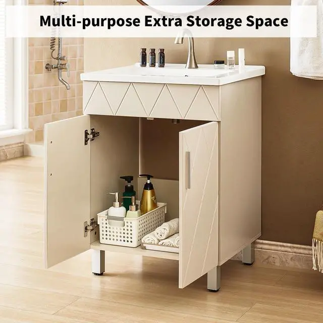 Alt view image 4 of 6 - Bathroom Vanity with Sink 24 Inch, Modern Bathroom Cabinet with Diamond Pattern Doors, Ceramic Sink, Metal Legs, Small Bathroom Storage Vanity(Light Gray)