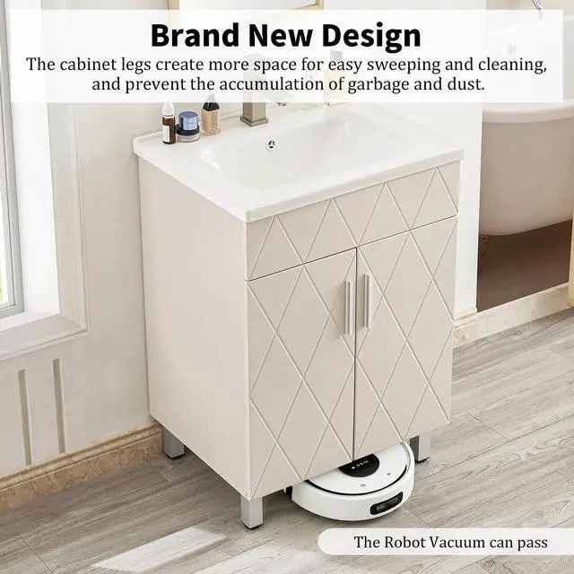 Alt view image 5 of 6 - Bathroom Vanity with Sink 24 Inch, Modern Bathroom Cabinet with Diamond Pattern Doors, Ceramic Sink, Metal Legs, Small Bathroom Storage Vanity(Light Gray)
