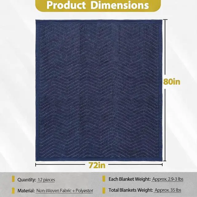 Alt view image 3 of 6 - Moving Blankets 12 Pack, Heavy Duty 35 lb/dz, Quilted Furniture Pads Large 80x72 Inches for Moving and Storage (48, Dark Blue)