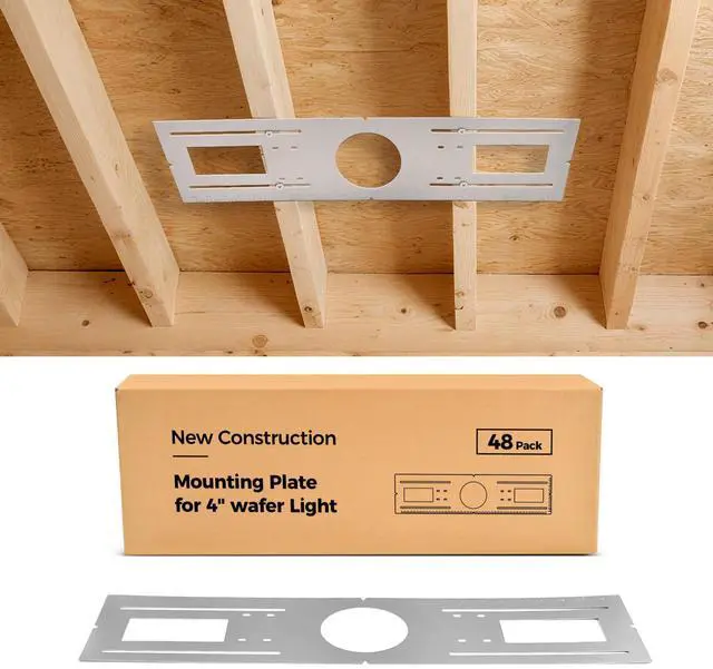 Main image of 48-Pack New Construction Mounting Plate for 4 Inch LED Recessed Lighting, Rough-in Wafer Light Bracket, 26 Inch Length, Round Hole, Galvanized Metal Sheet