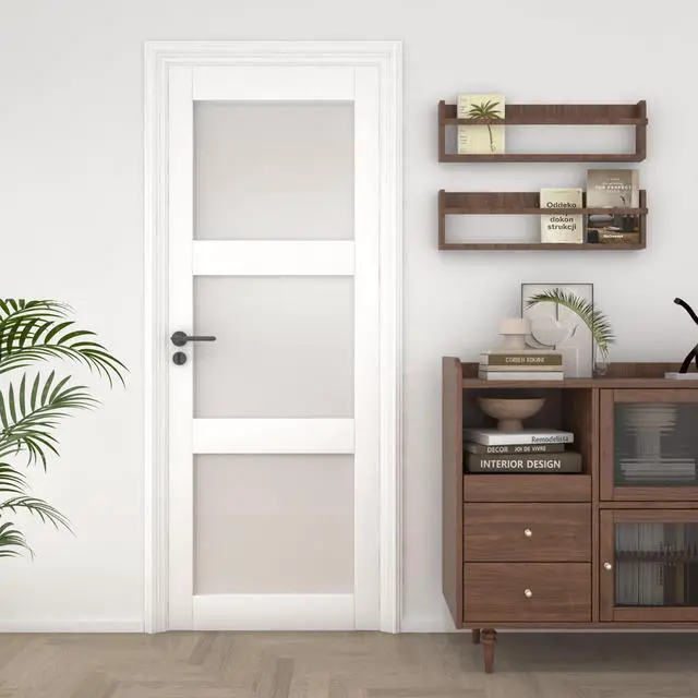 Alt view image 2 of 6 - 28"x 80" Interior Door, 3-Lite Frosted Glass Slab Door, Solid Core with MDF Panel, for Bathroom Pantry Laundry Room, White Primed, Without Frame and Hardware Kit
