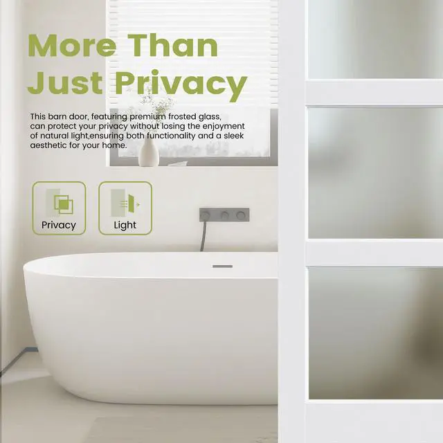 Alt view image 4 of 6 - 28"x 80" Interior Door, 3-Lite Frosted Glass Slab Door, Solid Core with MDF Panel, for Bathroom Pantry Laundry Room, White Primed, Without Frame and Hardware Kit