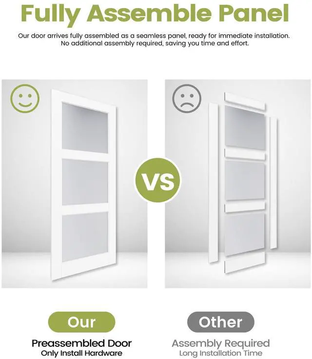 Alt view image 5 of 6 - 28"x 80" Interior Door, 3-Lite Frosted Glass Slab Door, Solid Core with MDF Panel, for Bathroom Pantry Laundry Room, White Primed, Without Frame and Hardware Kit