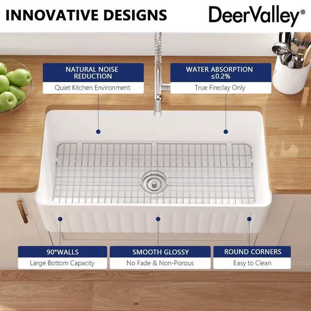 Alt view image 4 of 6 - Solstice Fireclay Farmhouse Sinks, 35.6"L x 18"W Farmhouse Kitchen Sink White Large Single Bowl Farm Sink Reversible Apron Front with Sink Grid and Basket Strainer