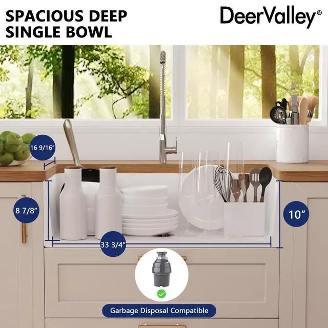 Alt view image 5 of 6 - Solstice Fireclay Farmhouse Sinks, 35.6"L x 18"W Farmhouse Kitchen Sink White Large Single Bowl Farm Sink Reversible Apron Front with Sink Grid and Basket Strainer