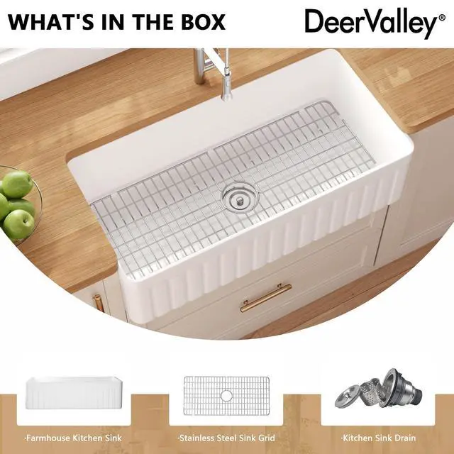 Alt view image 6 of 6 - Solstice Fireclay Farmhouse Sinks, 35.6"L x 18"W Farmhouse Kitchen Sink White Large Single Bowl Farm Sink Reversible Apron Front with Sink Grid and Basket Strainer