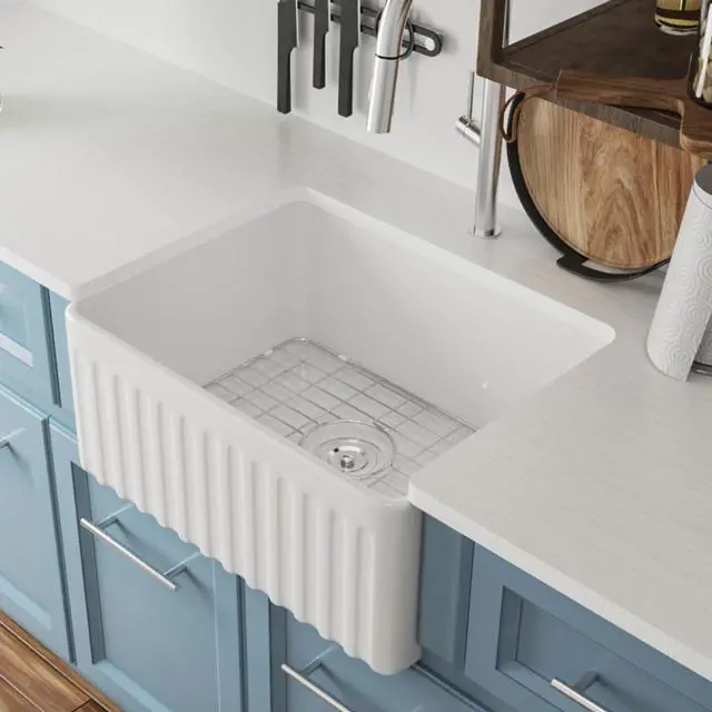Main image of Farmhouse Single Kitchen Sink, 24" L x 18" W White Reversible Single Bowl Farm Sink with Apron Front Ceramic Kitchen Sinks with Grid & Strainer