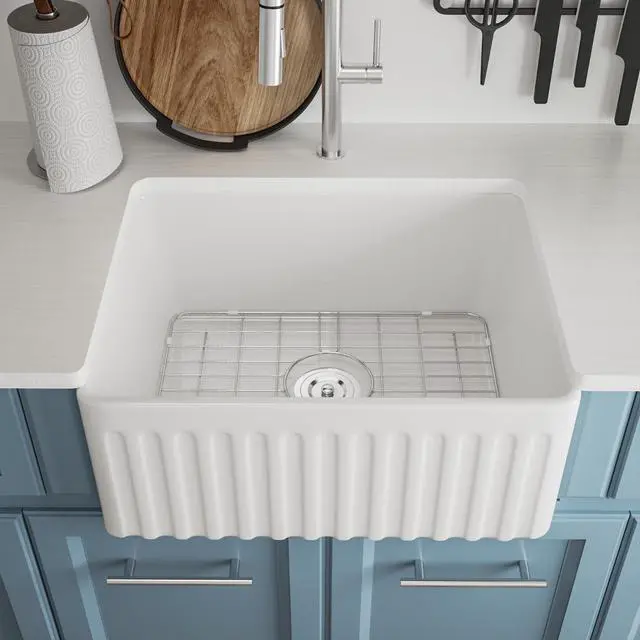 Alt view image 2 of 6 - Farmhouse Single Kitchen Sink, 24" L x 18" W White Reversible Single Bowl Farm Sink with Apron Front Ceramic Kitchen Sinks with Grid & Strainer