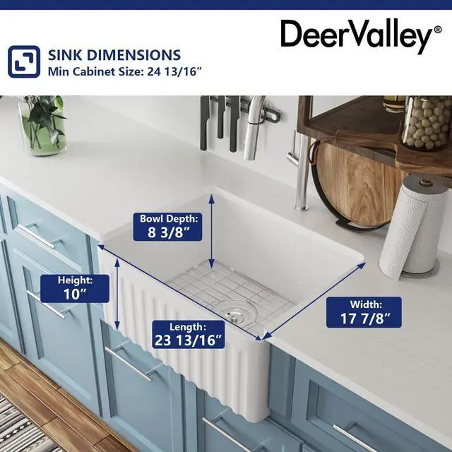 Alt view image 3 of 6 - Farmhouse Single Kitchen Sink, 24" L x 18" W White Reversible Single Bowl Farm Sink with Apron Front Ceramic Kitchen Sinks with Grid & Strainer