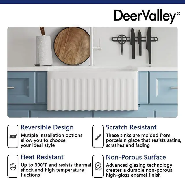 Alt view image 4 of 6 - Farmhouse Single Kitchen Sink, 24" L x 18" W White Reversible Single Bowl Farm Sink with Apron Front Ceramic Kitchen Sinks with Grid & Strainer