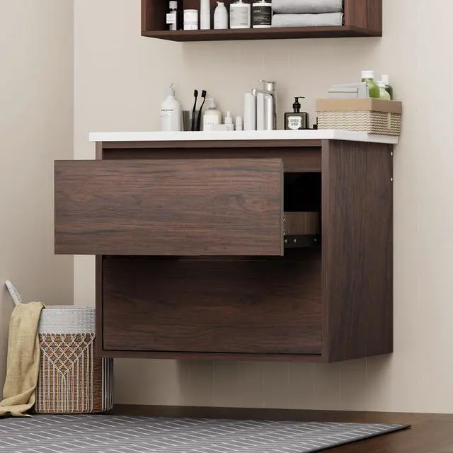 Main image of Floating Bathroom Vanity | 24-Inch Modern Walnut Color Finish, with Sink, 2 Drawers, Space-Saving Design for Small Bathrooms, Easy Installation