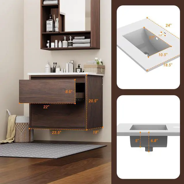 Alt view image 2 of 6 - Floating Bathroom Vanity | 24-Inch Modern Walnut Color Finish, with Sink, 2 Drawers, Space-Saving Design for Small Bathrooms, Easy Installation