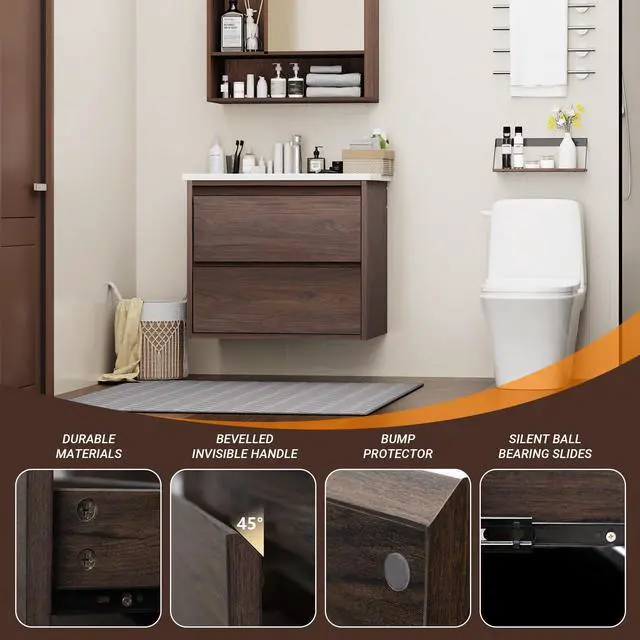 Alt view image 3 of 6 - Floating Bathroom Vanity | 24-Inch Modern Walnut Color Finish, with Sink, 2 Drawers, Space-Saving Design for Small Bathrooms, Easy Installation