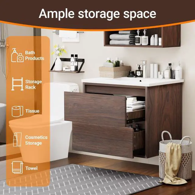 Alt view image 6 of 6 - Floating Bathroom Vanity | 24-Inch Modern Walnut Color Finish, with Sink, 2 Drawers, Space-Saving Design for Small Bathrooms, Easy Installation
