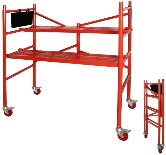 Main image of Portable Rolling Scaffolding Platform 4 Foot High Mobile Baker Scaffoldin, Red | 770 LBS Capacity, Locking Wheels, Tool Bag