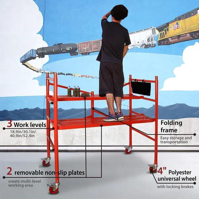 Alt view image 2 of 6 - Portable Rolling Scaffolding Platform 4 Foot High Mobile Baker Scaffoldin, Red | 770 LBS Capacity, Locking Wheels, Tool Bag