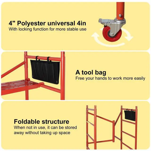 Alt view image 3 of 6 - Portable Rolling Scaffolding Platform 4 Foot High Mobile Baker Scaffoldin, Red | 770 LBS Capacity, Locking Wheels, Tool Bag