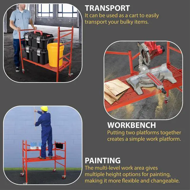 Alt view image 4 of 6 - Portable Rolling Scaffolding Platform 4 Foot High Mobile Baker Scaffoldin, Red | 770 LBS Capacity, Locking Wheels, Tool Bag
