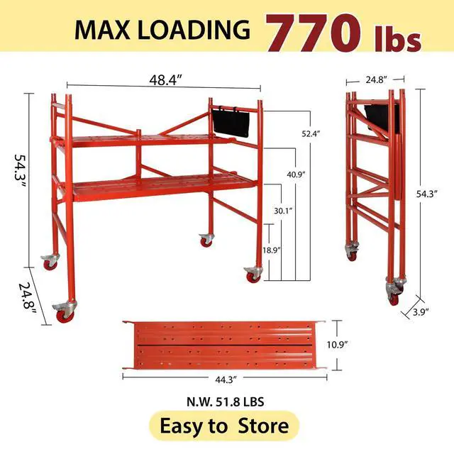 Alt view image 5 of 6 - Portable Rolling Scaffolding Platform 4 Foot High Mobile Baker Scaffoldin, Red | 770 LBS Capacity, Locking Wheels, Tool Bag