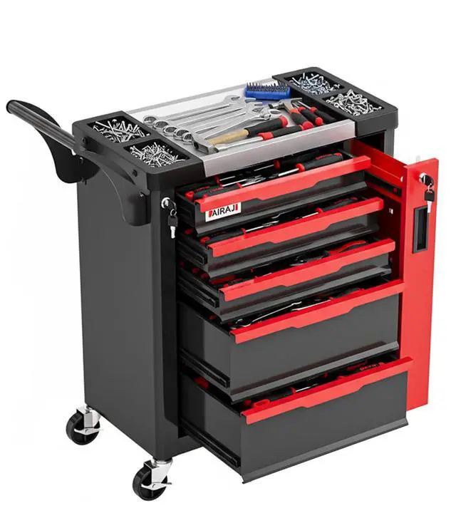 Main image of Tool Chest 5-Drawer | Rolling Tool Chest with Wheels/Side Drawer | Drawers Integrated Lockable | Tool Cart/Cabinet with Drawers for Garage Storage,Workshop | Safety Rounded Corner Anti-collision | Red