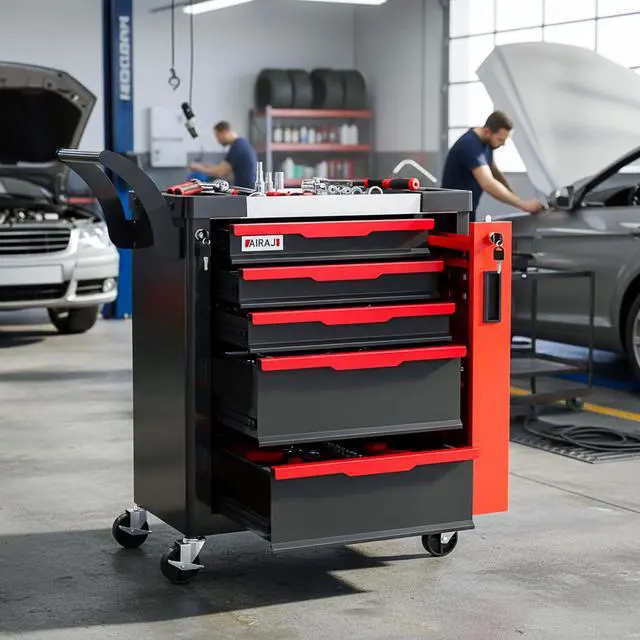 Alt view image 2 of 6 - Tool Chest 5-Drawer | Rolling Tool Chest with Wheels/Side Drawer | Drawers Integrated Lockable | Tool Cart/Cabinet with Drawers for Garage Storage,Workshop | Safety Rounded Corner Anti-collision | Red