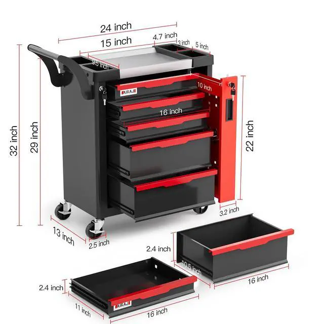 Alt view image 3 of 6 - Tool Chest 5-Drawer | Rolling Tool Chest with Wheels/Side Drawer | Drawers Integrated Lockable | Tool Cart/Cabinet with Drawers for Garage Storage,Workshop | Safety Rounded Corner Anti-collision | Red