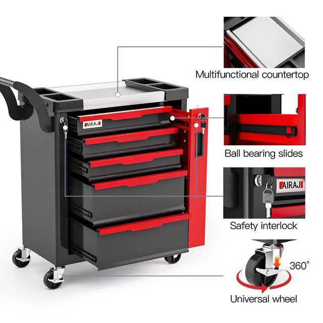 Alt view image 4 of 6 - Tool Chest 5-Drawer | Rolling Tool Chest with Wheels/Side Drawer | Drawers Integrated Lockable | Tool Cart/Cabinet with Drawers for Garage Storage,Workshop | Safety Rounded Corner Anti-collision | Red