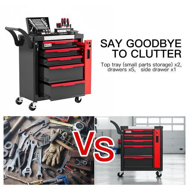 Alt view image 5 of 6 - Tool Chest 5-Drawer | Rolling Tool Chest with Wheels/Side Drawer | Drawers Integrated Lockable | Tool Cart/Cabinet with Drawers for Garage Storage,Workshop | Safety Rounded Corner Anti-collision | Red