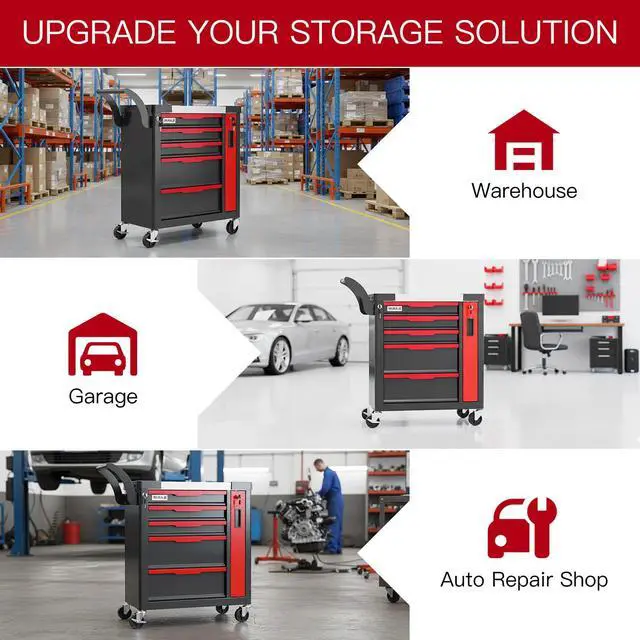 Alt view image 6 of 6 - Tool Chest 5-Drawer | Rolling Tool Chest with Wheels/Side Drawer | Drawers Integrated Lockable | Tool Cart/Cabinet with Drawers for Garage Storage,Workshop | Safety Rounded Corner Anti-collision | Red