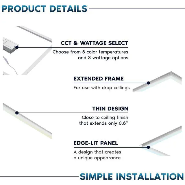 Alt view image 3 of 6 - 2x2 FT Edge-Lit Frame LED Panel Lights, 5CCT Selectable 3000K-6500K, 2600/3900/5200LM, 20W/30W/40W Switch, Grid Drop Ceiling Lights, 0-10V Dimmable, Damp Rated, 100-277V, ETL Listed (4 Pack)