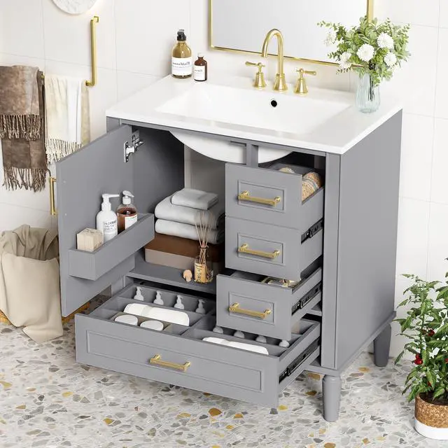 Main image of 30 Inch Grey Bathroom Vanity with Sink,Modern Bathroom Vanity with Gold Handles,2 Deep Drawers & Bottom Drawer with Dividers,Soft Closing Doors with Organizer Shelf,Solid Wood Frame