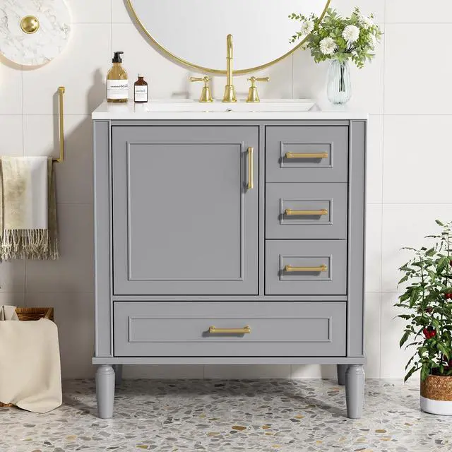 Alt view image 3 of 6 - 30 Inch Grey Bathroom Vanity with Sink,Modern Bathroom Vanity with Gold Handles,2 Deep Drawers & Bottom Drawer with Dividers,Soft Closing Doors with Organizer Shelf,Solid Wood Frame