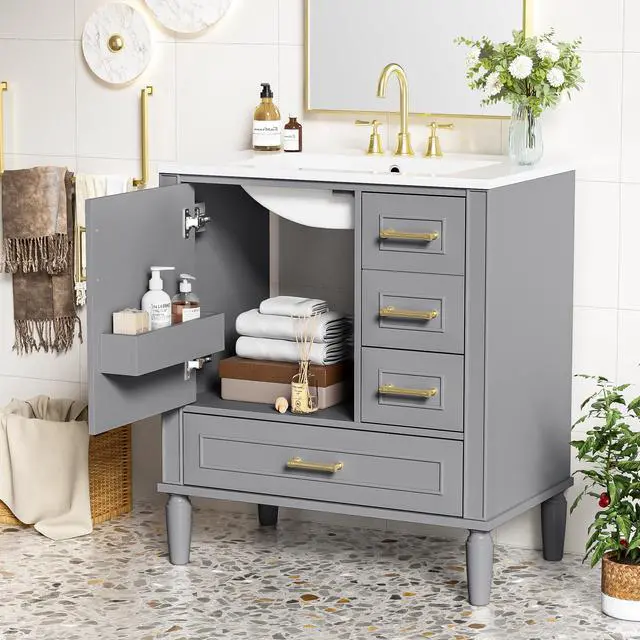 Alt view image 4 of 6 - 30 Inch Grey Bathroom Vanity with Sink,Modern Bathroom Vanity with Gold Handles,2 Deep Drawers & Bottom Drawer with Dividers,Soft Closing Doors with Organizer Shelf,Solid Wood Frame