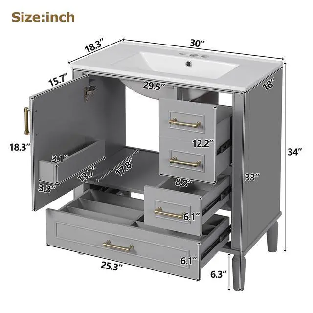 Alt view image 5 of 6 - 30 Inch Grey Bathroom Vanity with Sink,Modern Bathroom Vanity with Gold Handles,2 Deep Drawers & Bottom Drawer with Dividers,Soft Closing Doors with Organizer Shelf,Solid Wood Frame