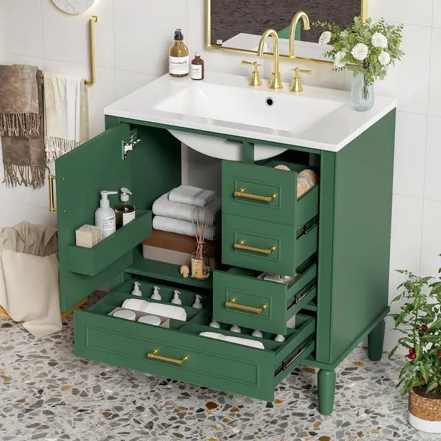 Main image of 30 Inch Green Bathroom Vanity with Sink,Modern Bathroom Vanity with Gold Handles,2 Deep Drawers & Bottom Drawer with Dividers,Soft Closing Doors with Organizer Shelf,Solid Wood Frame-15