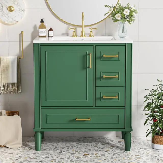 Alt view image 3 of 6 - 30 Inch Green Bathroom Vanity with Sink,Modern Bathroom Vanity with Gold Handles,2 Deep Drawers & Bottom Drawer with Dividers,Soft Closing Doors with Organizer Shelf,Solid Wood Frame-15