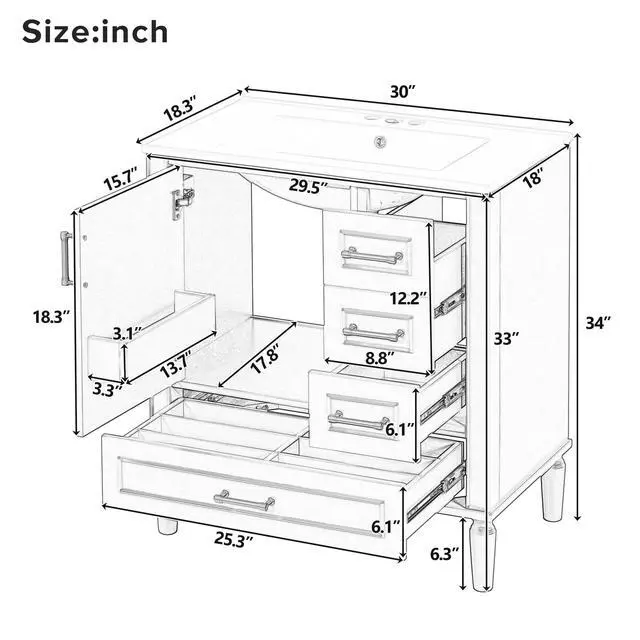 Alt view image 4 of 6 - 30 Inch Green Bathroom Vanity with Sink,Modern Bathroom Vanity with Gold Handles,2 Deep Drawers & Bottom Drawer with Dividers,Soft Closing Doors with Organizer Shelf,Solid Wood Frame-15