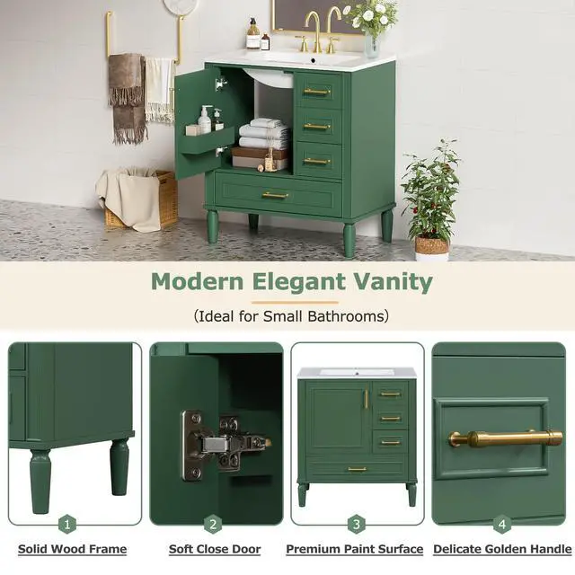 Alt view image 6 of 6 - 30 Inch Green Bathroom Vanity with Sink,Modern Bathroom Vanity with Gold Handles,2 Deep Drawers & Bottom Drawer with Dividers,Soft Closing Doors with Organizer Shelf,Solid Wood Frame-15