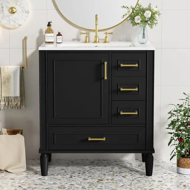 Main image of 30 Inch Black Bathroom Vanity with Sink,Modern Bathroom Vanity with Gold Handles,2 Right Drawers & Bottom Drawer with Dividers,Soft Closing Doors with Organizer Shelf,Solid Wood Frame