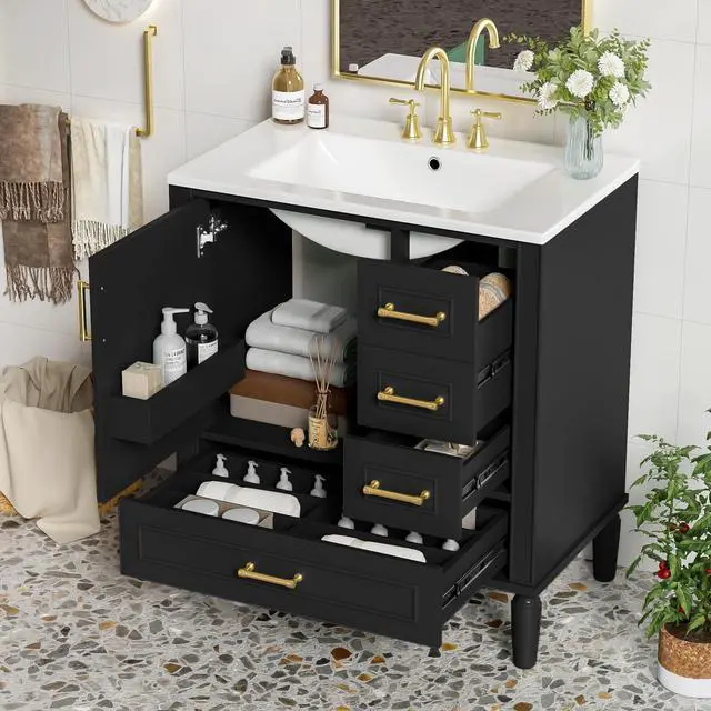 Alt view image 3 of 6 - 30 Inch Black Bathroom Vanity with Sink,Modern Bathroom Vanity with Gold Handles,2 Right Drawers & Bottom Drawer with Dividers,Soft Closing Doors with Organizer Shelf,Solid Wood Frame
