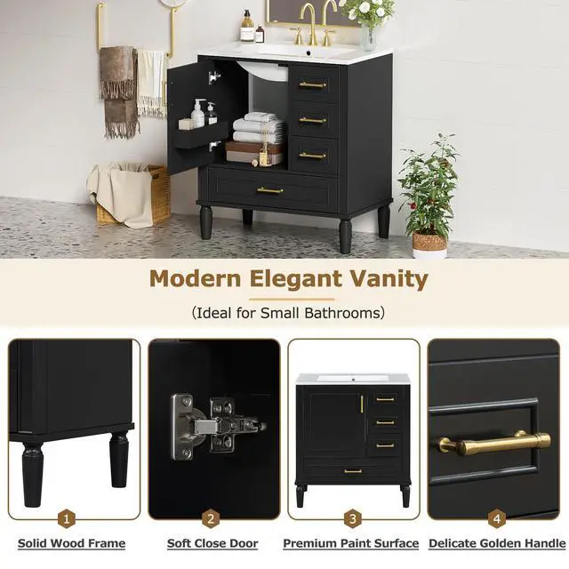 Alt view image 5 of 6 - 30 Inch Black Bathroom Vanity with Sink,Modern Bathroom Vanity with Gold Handles,2 Right Drawers & Bottom Drawer with Dividers,Soft Closing Doors with Organizer Shelf,Solid Wood Frame