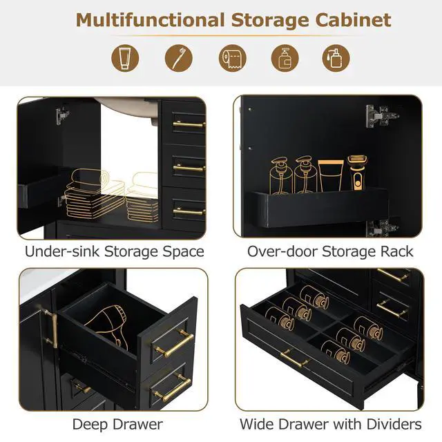 Alt view image 6 of 6 - 30 Inch Black Bathroom Vanity with Sink,Modern Bathroom Vanity with Gold Handles,2 Right Drawers & Bottom Drawer with Dividers,Soft Closing Doors with Organizer Shelf,Solid Wood Frame