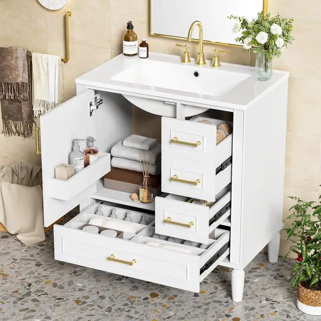 Main image of 30 Inch White Bathroom Vanity with Sink,Modern Bathroom Vanity with Gold Handles,2 Deep Drawers & Bottom Drawer with Dividers,Soft Closing Doors with Shelf Organizer,Solid Wood Frame-15