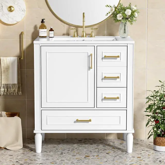 Alt view image 3 of 6 - 30 Inch White Bathroom Vanity with Sink,Modern Bathroom Vanity with Gold Handles,2 Deep Drawers & Bottom Drawer with Dividers,Soft Closing Doors with Shelf Organizer,Solid Wood Frame-15