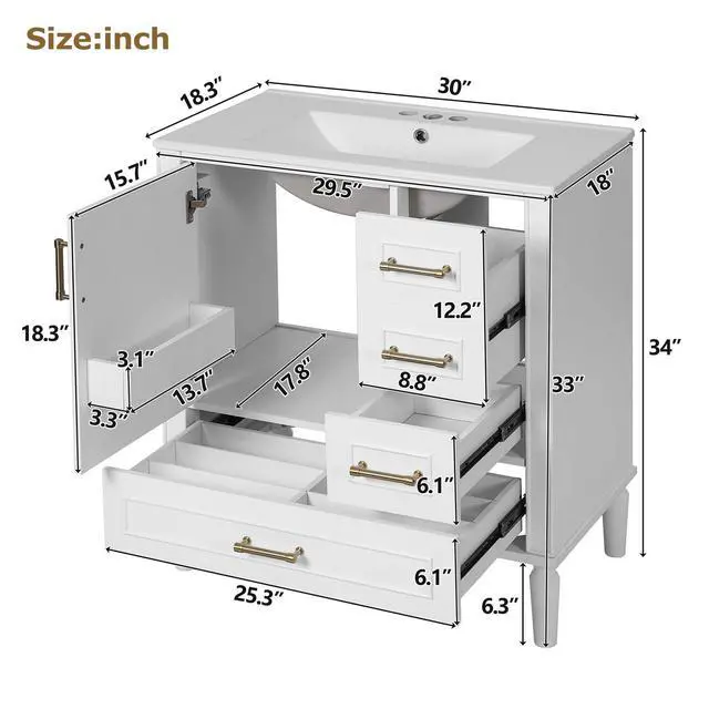 Alt view image 4 of 6 - 30 Inch White Bathroom Vanity with Sink,Modern Bathroom Vanity with Gold Handles,2 Deep Drawers & Bottom Drawer with Dividers,Soft Closing Doors with Shelf Organizer,Solid Wood Frame-15