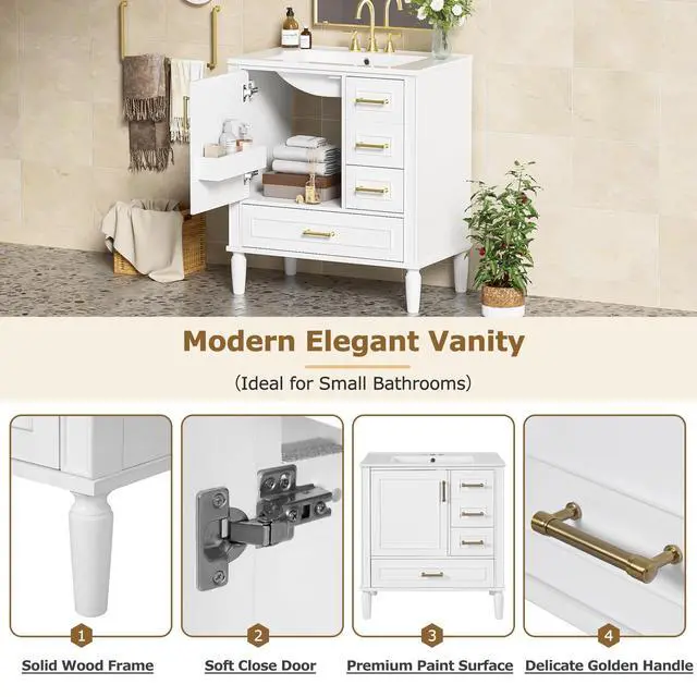 Alt view image 6 of 6 - 30 Inch White Bathroom Vanity with Sink,Modern Bathroom Vanity with Gold Handles,2 Deep Drawers & Bottom Drawer with Dividers,Soft Closing Doors with Shelf Organizer,Solid Wood Frame-15