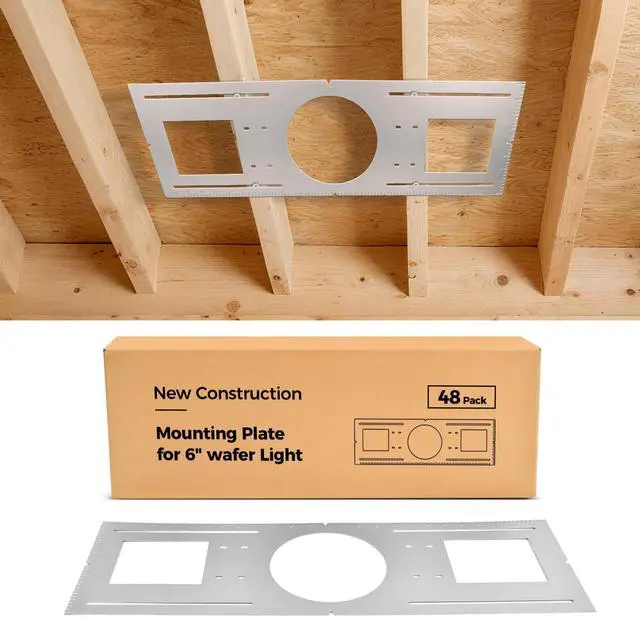 Main image of 48-Pack New Construction Mounting Plate for 6 Inch LED Recessed Lighting, Rough-in Wafer Light Bracket, 26 Inch Length, Round Hole, Galvanized Metal Sheet