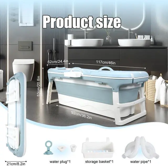 Alt view image 3 of 6 - Collapsible Bathtub 58/56/50/46 Inch, Large Portable Bathtub, Freestanding Foldable Tub for Adults Kids, Folding Tub for Shower, Hot Bath, Ice Bath A-blue-120cm